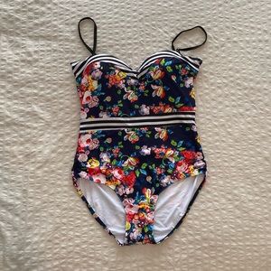 Women’s Floral Navy One-Piece Swimsuit with Striped Trim